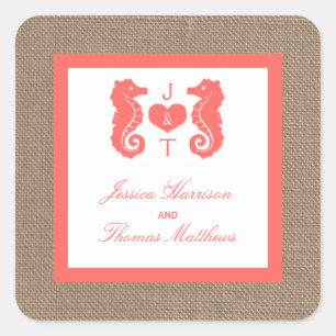 The Coral Seahorse Burlap Beach Wedding Collection Square Sticker