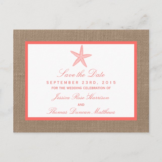 The Coral Starfish Burlap Beach Wedding Collection Announcement Postcard (Front)