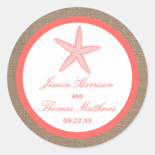 The Coral Starfish Burlap Beach Wedding Collection Classic Round Sticker