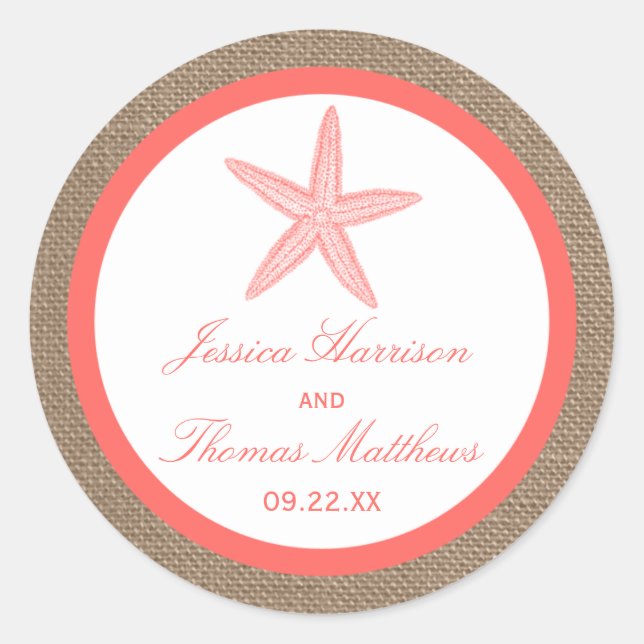 The Coral Starfish Burlap Beach Wedding Collection Classic Round Sticker (Front)