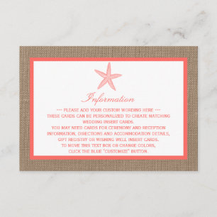 The Coral Starfish Burlap Beach Wedding Collection Enclosure Card
