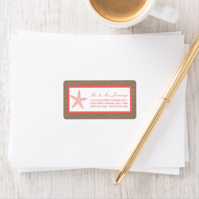 The Coral Starfish Burlap Beach Wedding Collection Label (Insitu)
