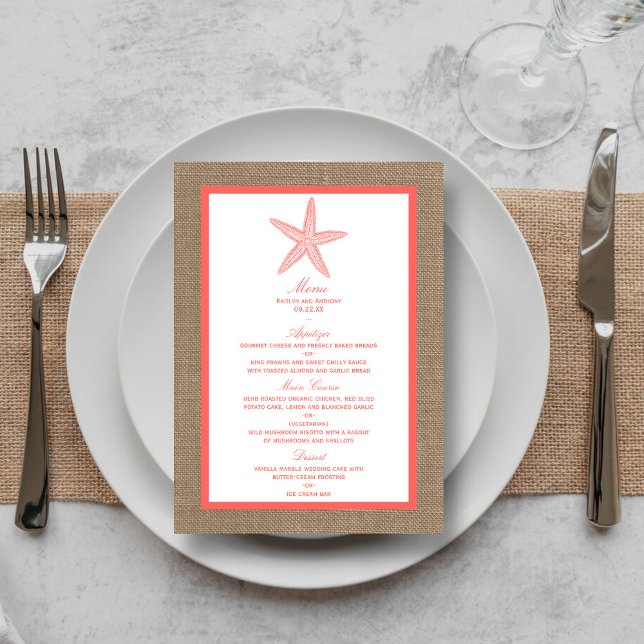 The Coral Starfish Burlap Beach Wedding Collection Menu (Creator Uploaded)