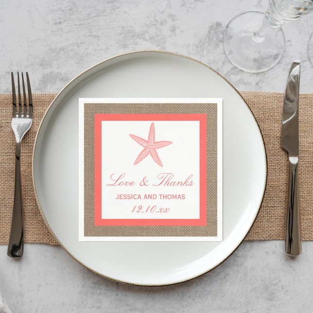 The Coral Starfish Burlap Beach Wedding Collection Napkin (Creator Uploaded)