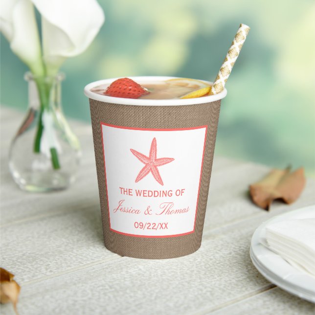 The Coral Starfish Burlap Beach Wedding Collection Paper Cups (Insitu)