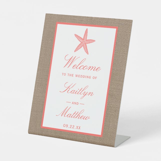 The Coral Starfish Burlap Beach Wedding Collection Pedestal Sign (Front)