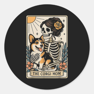 The Corgi Mom Tarot Card Skeleton Gothic Dog  Classic Round Sticker