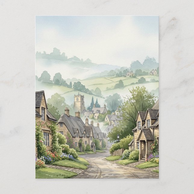 The Cotswolds Village Misty Morning Postcard (Front)