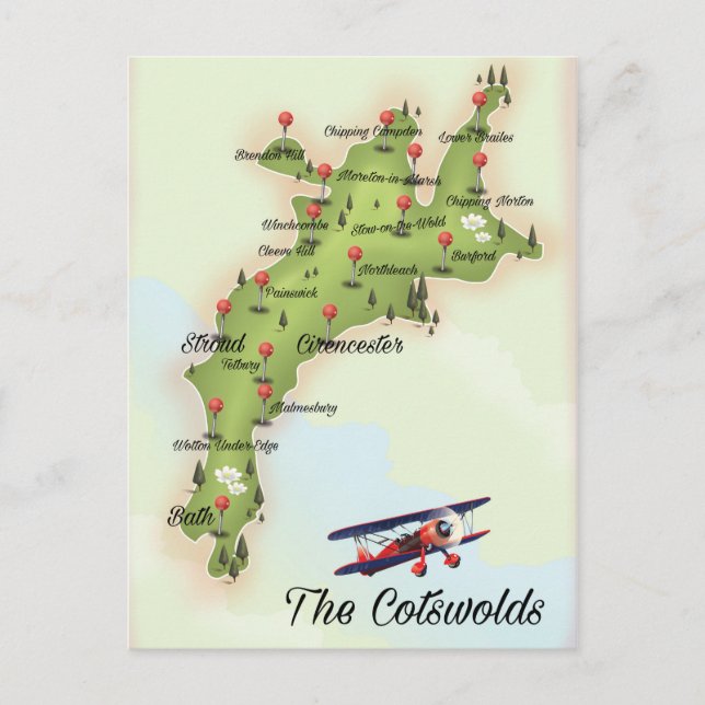 The Cotswolds Vintage Map Postcard (Front)
