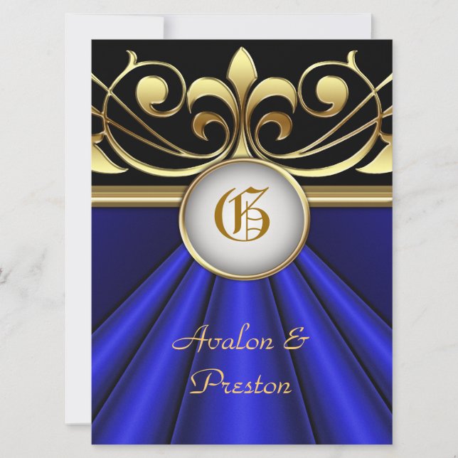 The Count Blue Silk Gold Crown Invitation (Front)