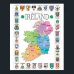 The Counties of Ireland Poster<br><div class="desc">A colourful county map of Ireland bordered by all 32 county crests.</div>