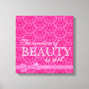 "The creation of beauty is art" pink bow damask Canvas Print