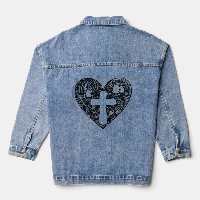 The cross of Jesus Christ drawn inside the heart 1 Denim Jacket (Back)