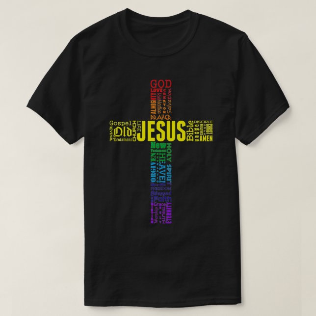The Cross of Jesus Christ, Rainbow Word Cloud Prem T-Shirt (Design Front)