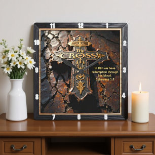 The Cross Redemption Ornate Earth Ephesians 1:7 Square Wall Clock