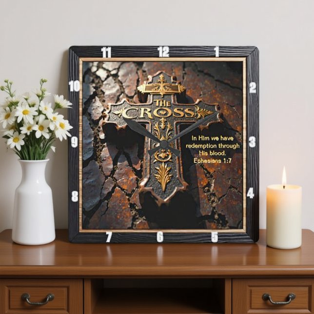 The Cross Redemption Ornate Earth Ephesians 1:7 Square Wall Clock (Creator Uploaded)
