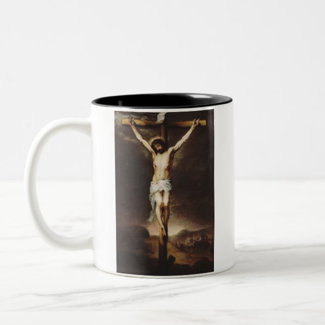 The Crucifixion by Bartolome Esteban Murillo Two-Tone Coffee Mug (Left)