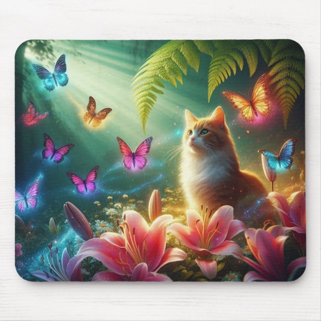 The Curious Cat & Her Butterflies Mouse Mat (Front)