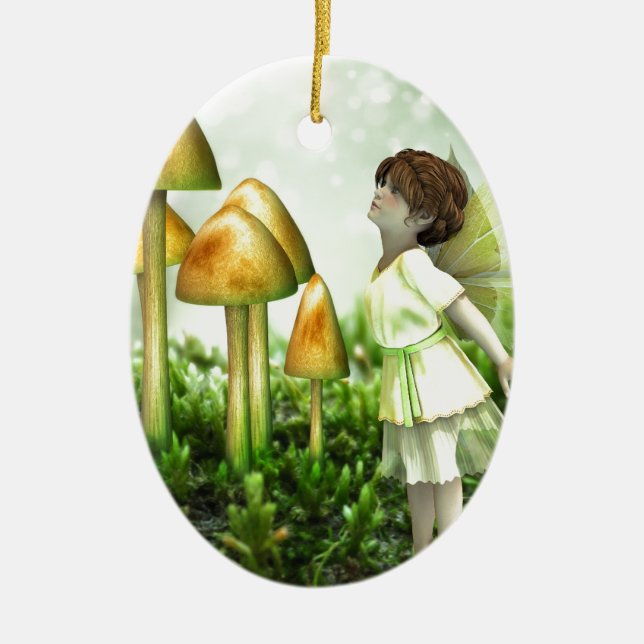 The Curious Fairy - Fairy and Toadstools Ceramic Tree Decoration (Front)