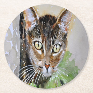 The Curious Tabby Cat Acrylic Painting Round Paper Coaster