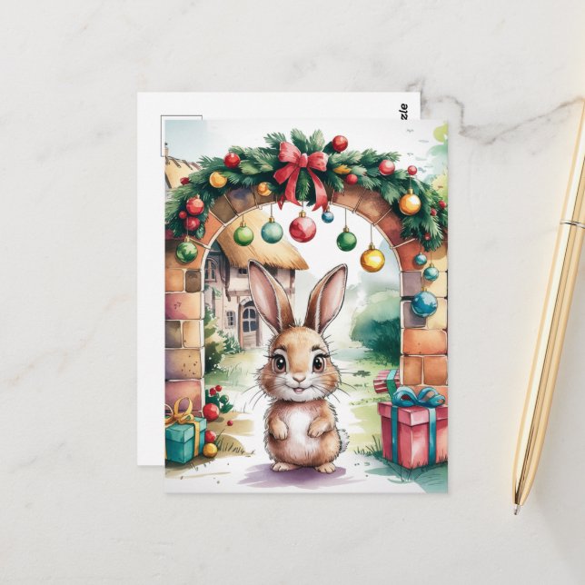 The Cute Brown Christmas Bunny Under an Arch Postcard (Front/Back In Situ)