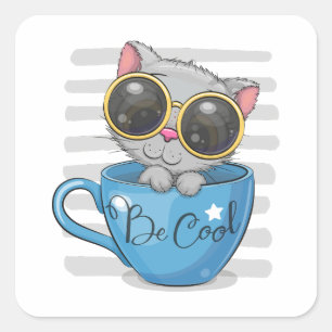 The cute cartoon kitten with glasses square sticker
