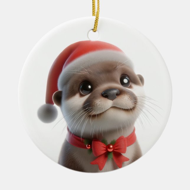 The Cute Christmas Otter  Ceramic Tree Decoration (Front)