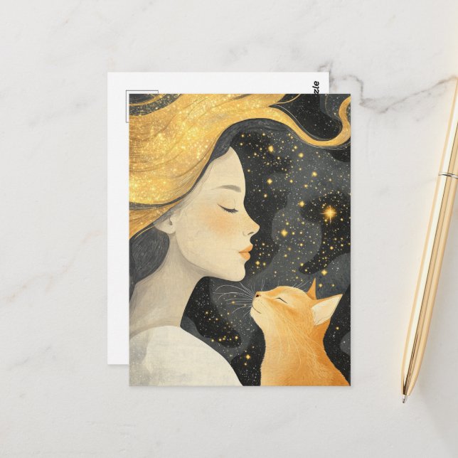 The Cute Ginger Cat and a Woman Postcard (Front/Back In Situ)