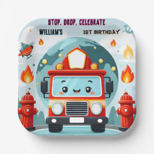 The Cute Hot Fire Truck Engine Safety 1st birthday Paper Plate