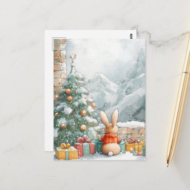 The Cute Little Christmas Bunny Looks at Mountains Postcard (Front/Back In Situ)