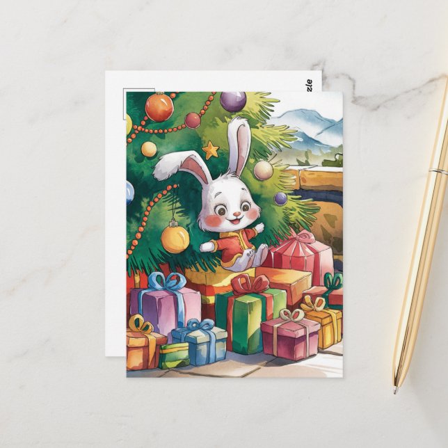 The Cute Little Christmas Bunny Postcard (Front/Back In Situ)