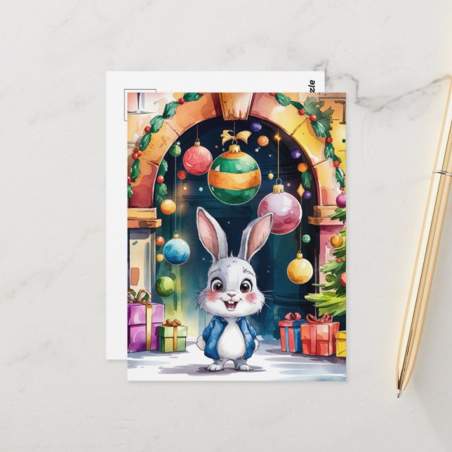 The Cute Little Christmas Bunny Under an Arch Postcard (Front/Back In Situ)