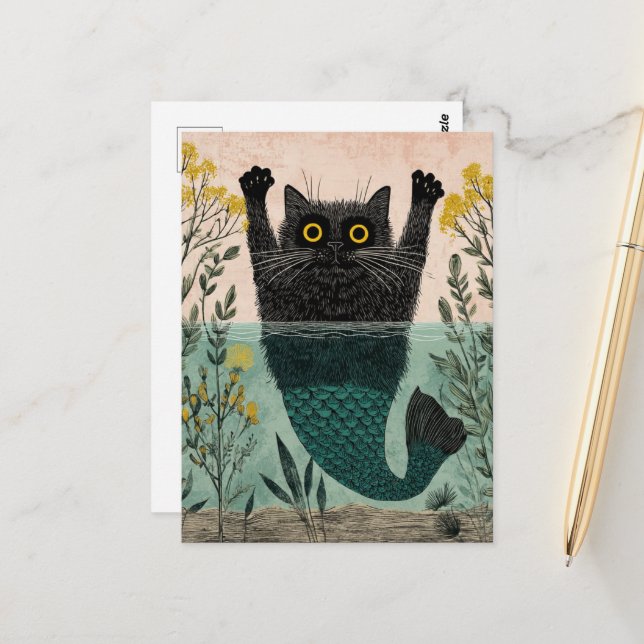 The Cute Mermaid Kitty Postcard (Front/Back In Situ)