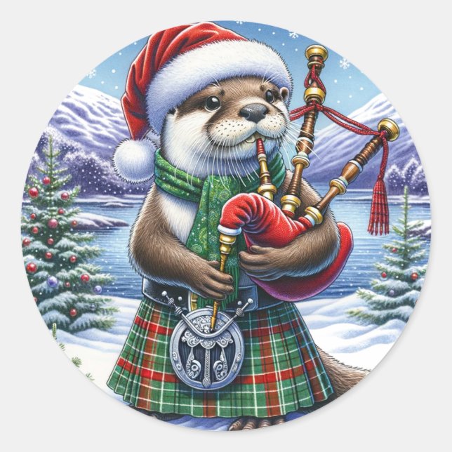 The Cute Scottish Christmas Otter  Classic Round Sticker (Front)