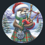 The Cute Scottish Christmas Otter  Classic Round Sticker<br><div class="desc">AI generated art of a cute Christmas otter</div>