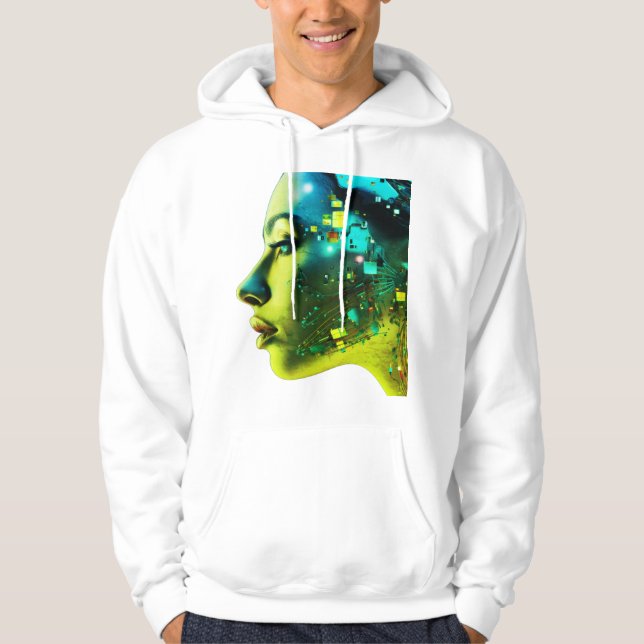 The Cyborg Woman on a Cozy Long Sleeve White Hoodie (Front)