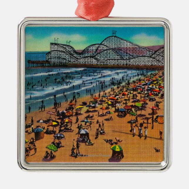 The Cyclone Racer and Beach Crowds, Long Beach Metal Tree Decoration (Front)