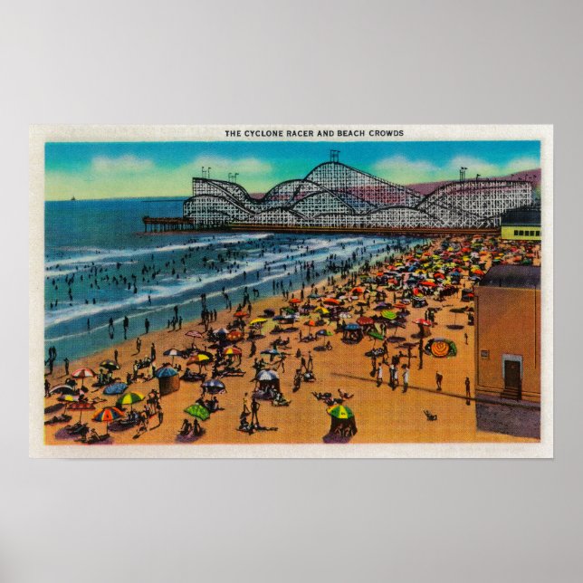 The Cyclone Racer and Beach Crowds, Long Beach Poster (Front)