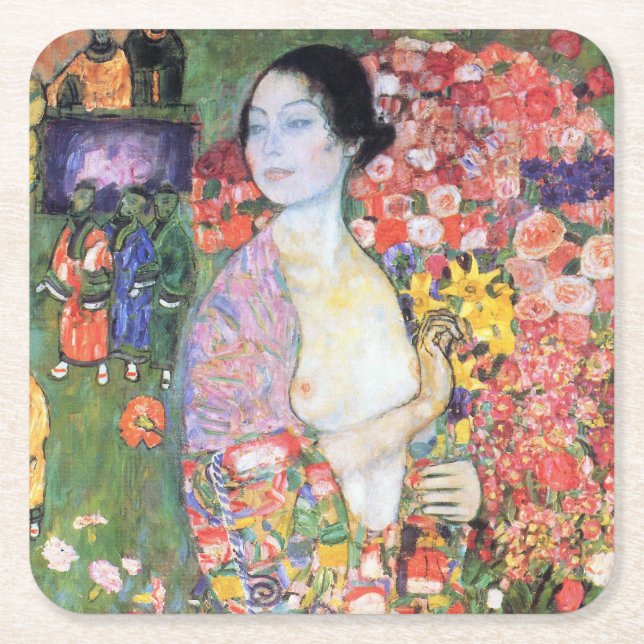 The Dancer, Gustav Klimt Square Paper Coaster (Front)