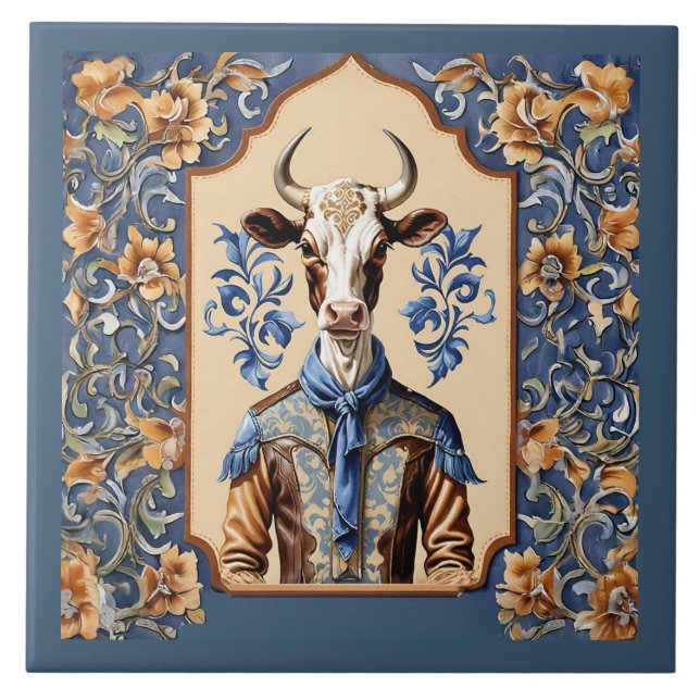 The Dapper CowBoy Strikes Again Funny Cow Art Tile (Front)