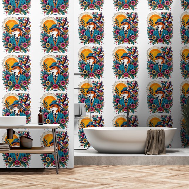 The Dapper Fox and colourful flowers Wallpaper (Bathroom)