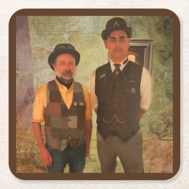The dapper men from Steampunk as a sturdy Square Paper Coaster (Front)