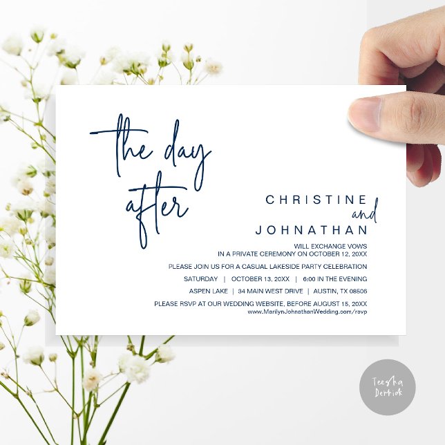The Day After, Post Wedding Elopement Party, Navy Invitation (The Day After, Modern Post Wedding Party Invitation Card, PDF, in Navy blue)