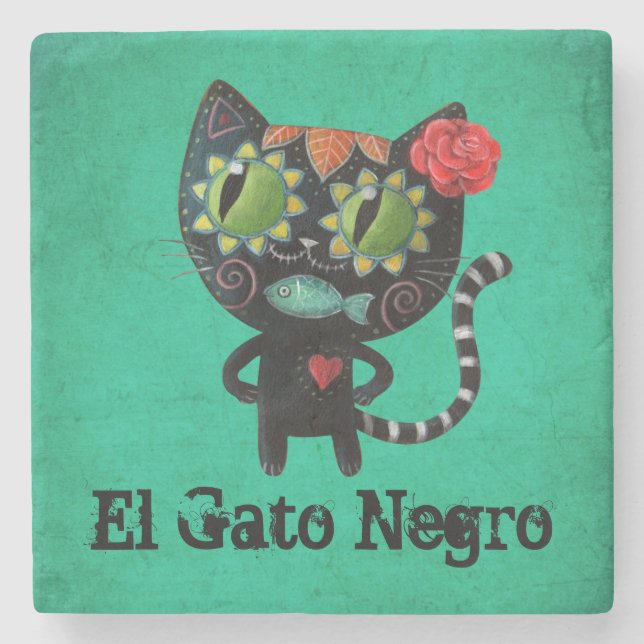 The Day of The Dead Black Cat Stone Coaster (Front)