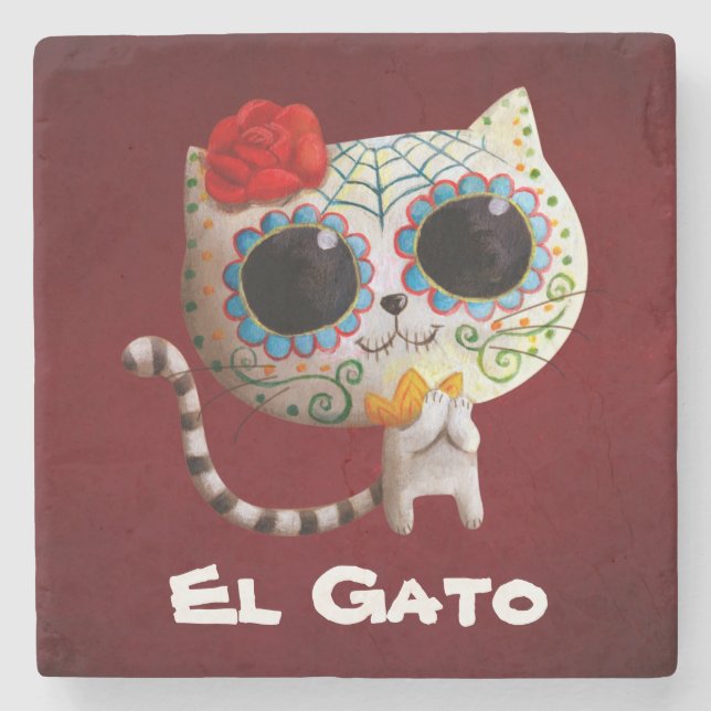 The Day of The Dead Cute Cat Stone Coaster (Front)