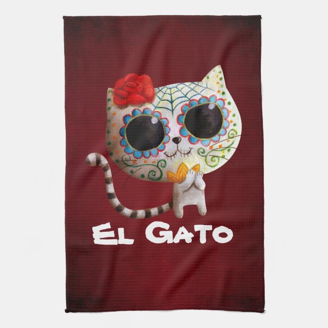 The Day of The Dead Cute Cat Tea Towel (Vertical)