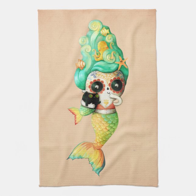 The Day of The Dead Mermaid Girl Tea Towel (Vertical)