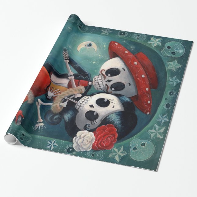 The Day of The Dead Skeleton Lovers Wrapping Paper (Unrolled)