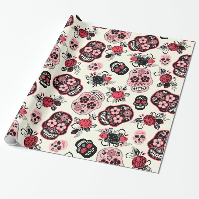 The day of the dead sugar skulls and roses pattern wrapping paper (Unrolled)