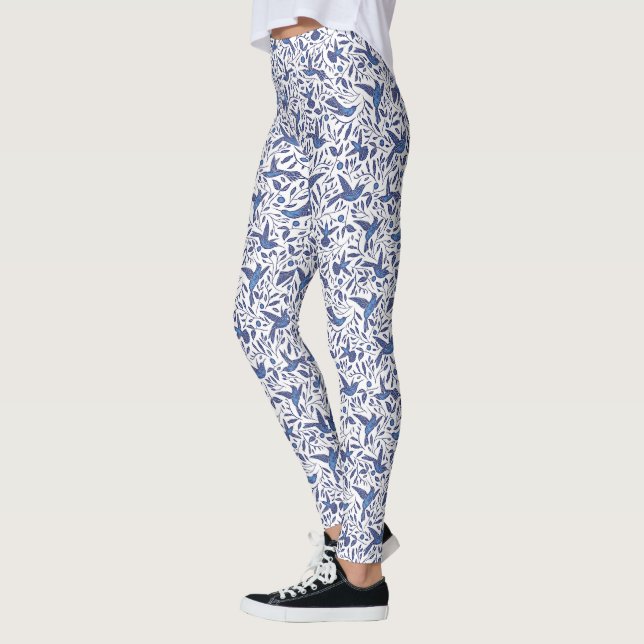 The Delft Blue Humming Birds Pattern Leggings (Left)